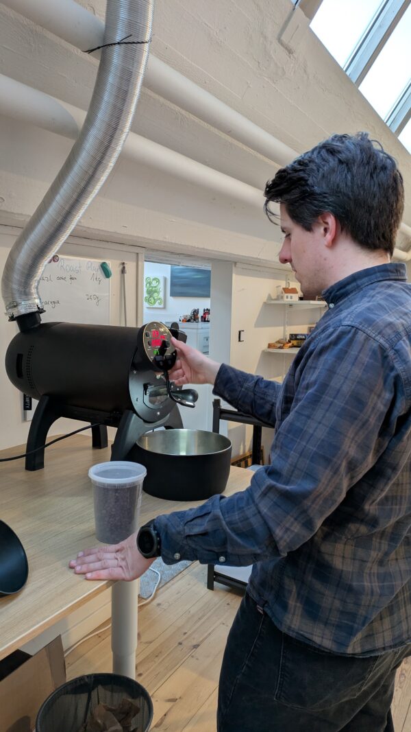 A person standing infront of a drum roaster, actively controling the roasting process in Uppsala. A silver venting system is going upwards. This happens during a roasting workshop.