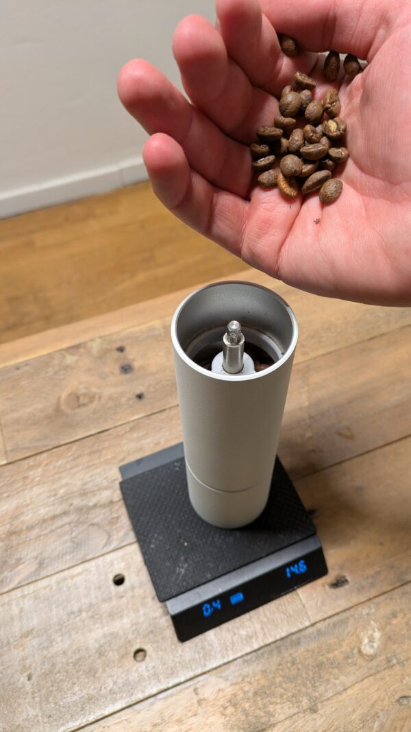 Closeup of the Timemore Chestnur c3 grinder on a Timemore blackmirror nano scale.