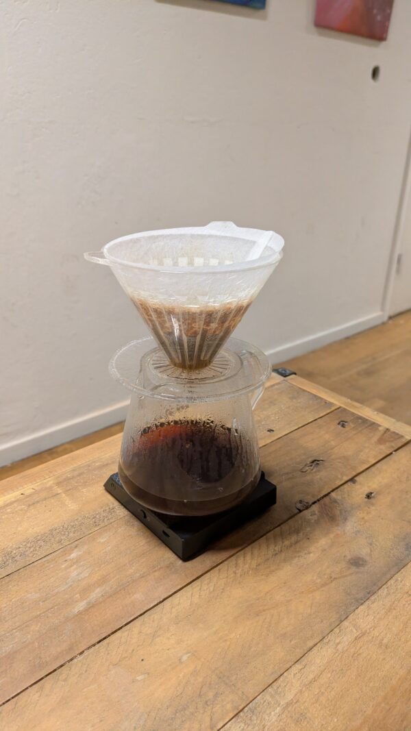 A Hario V60 Filtercoffee device on a Glass karafe during a Coffee Brewing Workshop in Uppsala.