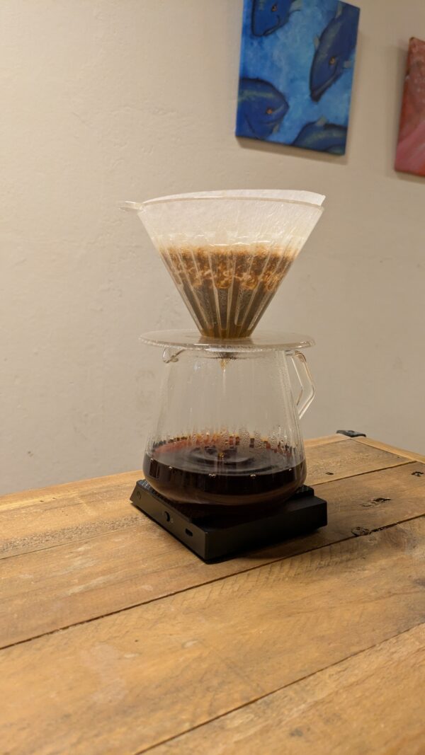 A Hario V60 Filtercoffee device on a Glass karafe during a Coffee Brewing Workshop in Uppsala.